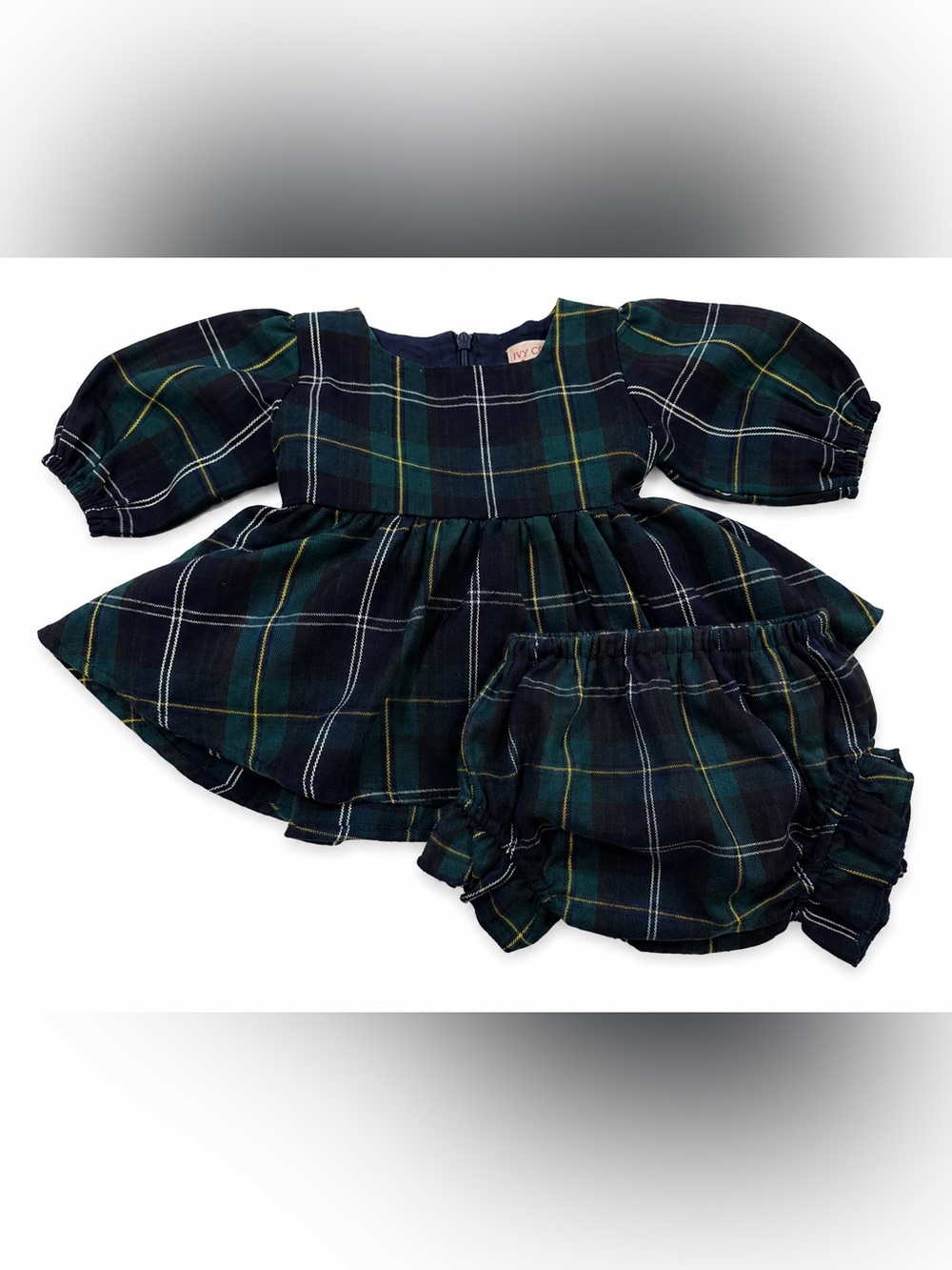 Ivy City Co Baby Celine Dress Set Green Navy Plaid 2pc Dress + Bloomers - 6-9mo